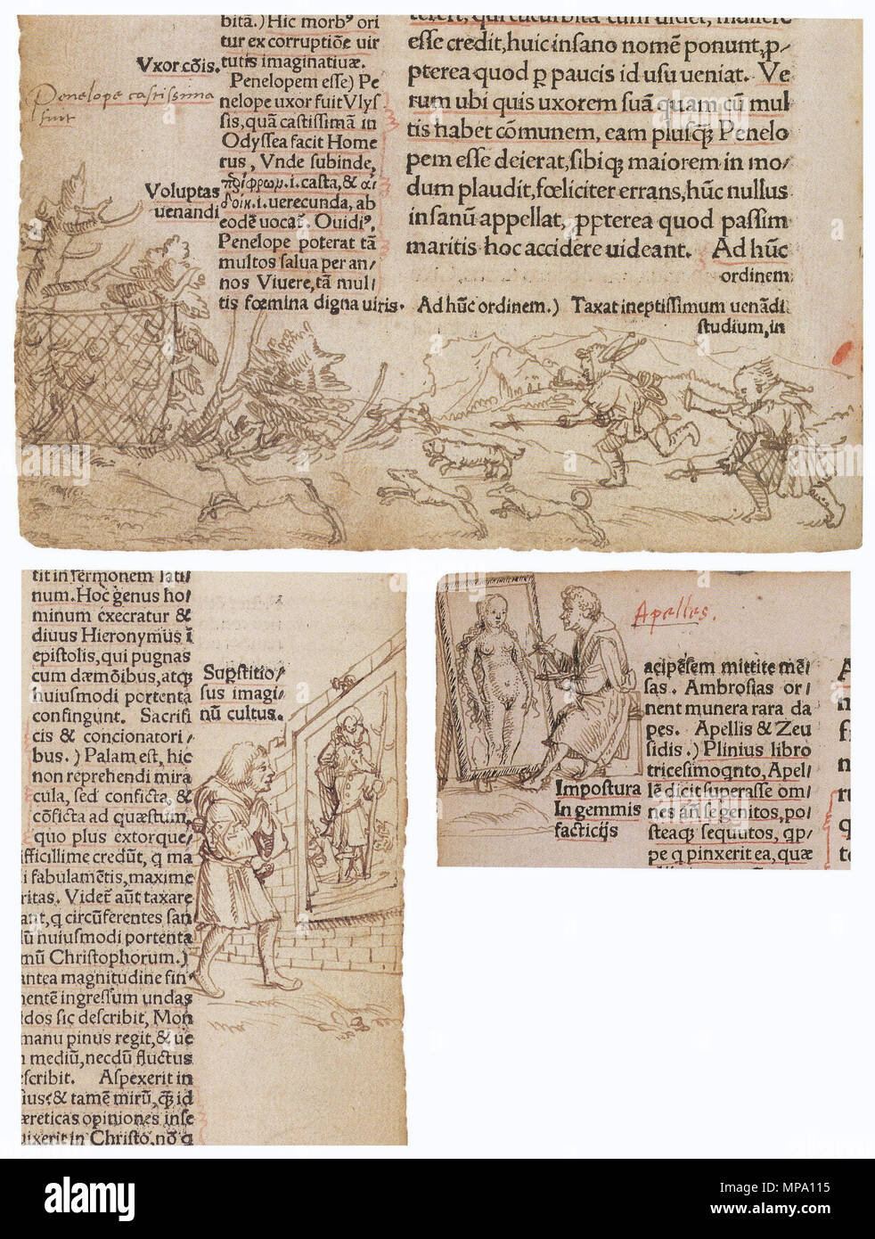 . English: Three Marginal Drawings in a copy of 'The Praise of Folly' by Erasmus of Rotterdam. Pen and black ink oxidised to brown, Kunstmuseum Basel. Stag Hunt (no. 24) A Fool Prays to St Christopher (no. 26) Apelles Paints Aphrodite, revised in black by another hand (no. 32) Hans Holbein and his brother, Ambrosius, drew 82 marginal sketches in the copy of The Praise of Folly owned by classical scholar Oswald Myconius, who planned to show the result to the author, his friend Desiderius Erasmus. They include the first works by Hans Holbein to survive intact. Most of the sketches are by Hans Ho Stock Photo