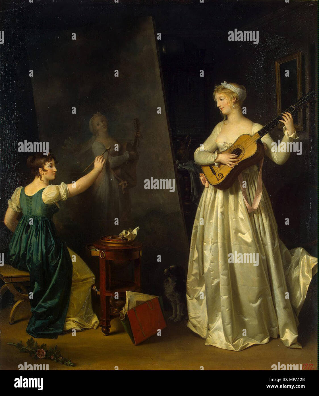 856 Marguerite Gérard - Painter when painting a portrait of a lute player Stock Photo