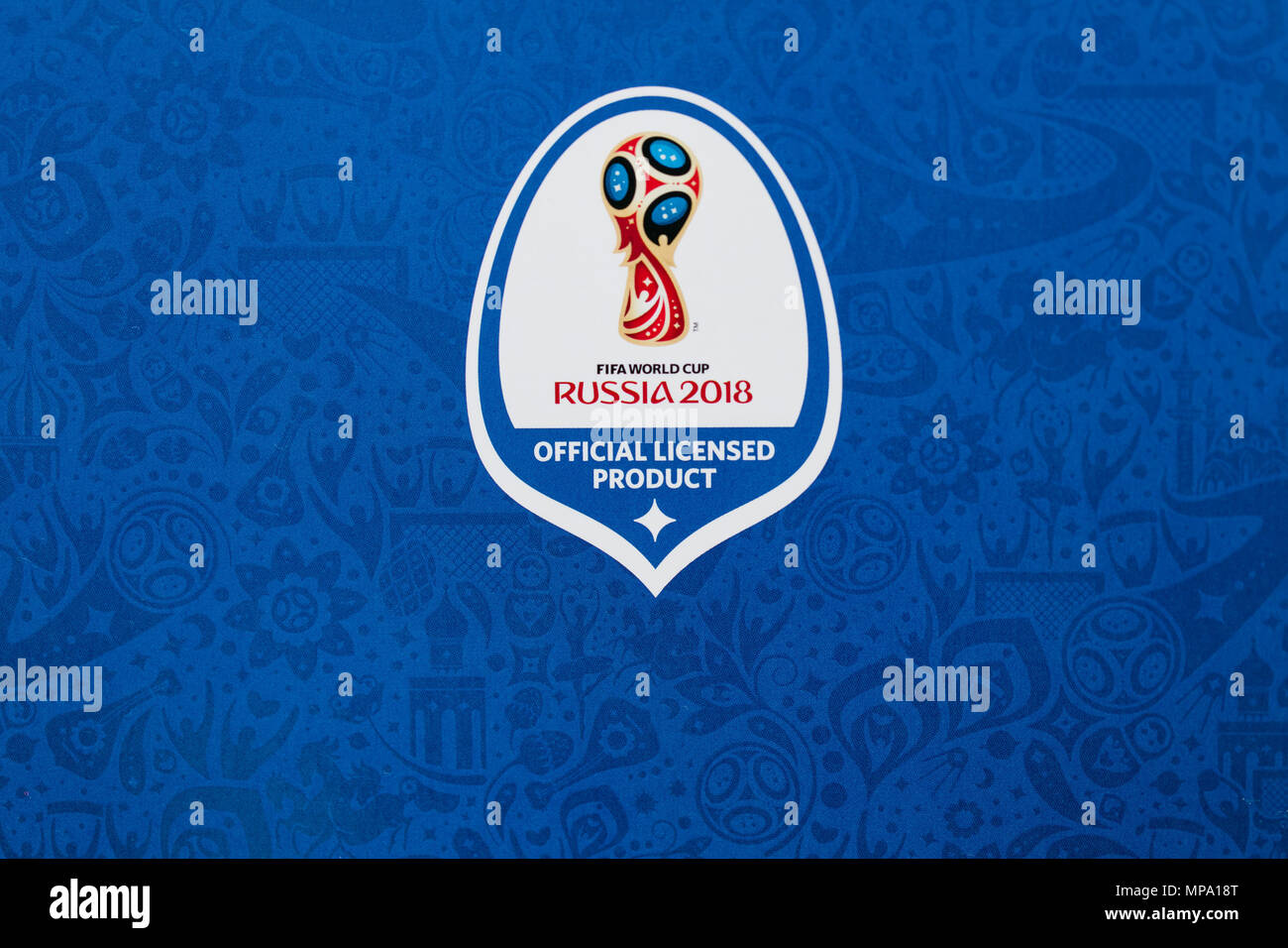 LONDON, UK - CIRCA MAY 2018: Official logo for the World Cup 2018 printed on a Panini official sticker book Stock Photo