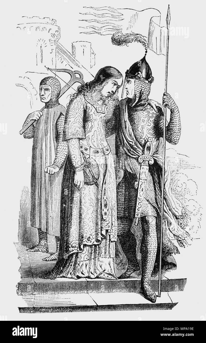 The attire of a Prince, Princess and Crossbowman in England during the early part of the 12th Century Stock Photo
