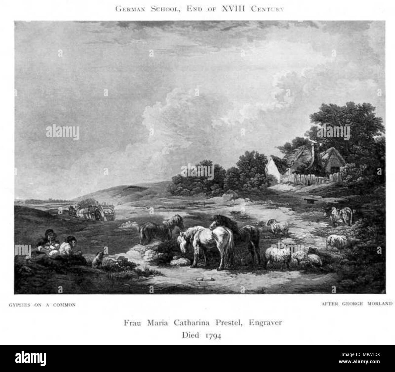 English: Gypsies on a Common .  English: 1905 print after page of Women painters of the world, from the time of Caterina Vigri, 1413-1463, to Rosa Bonheur and the present day, by Walter Shaw Sparrow, The Art and Life Library, Hodder & Stoughton, 27 Paternoster Row, London . between 1788 and 1794.   857 Maria Katharina Prestel - Gypisies on a Common - Stock Image