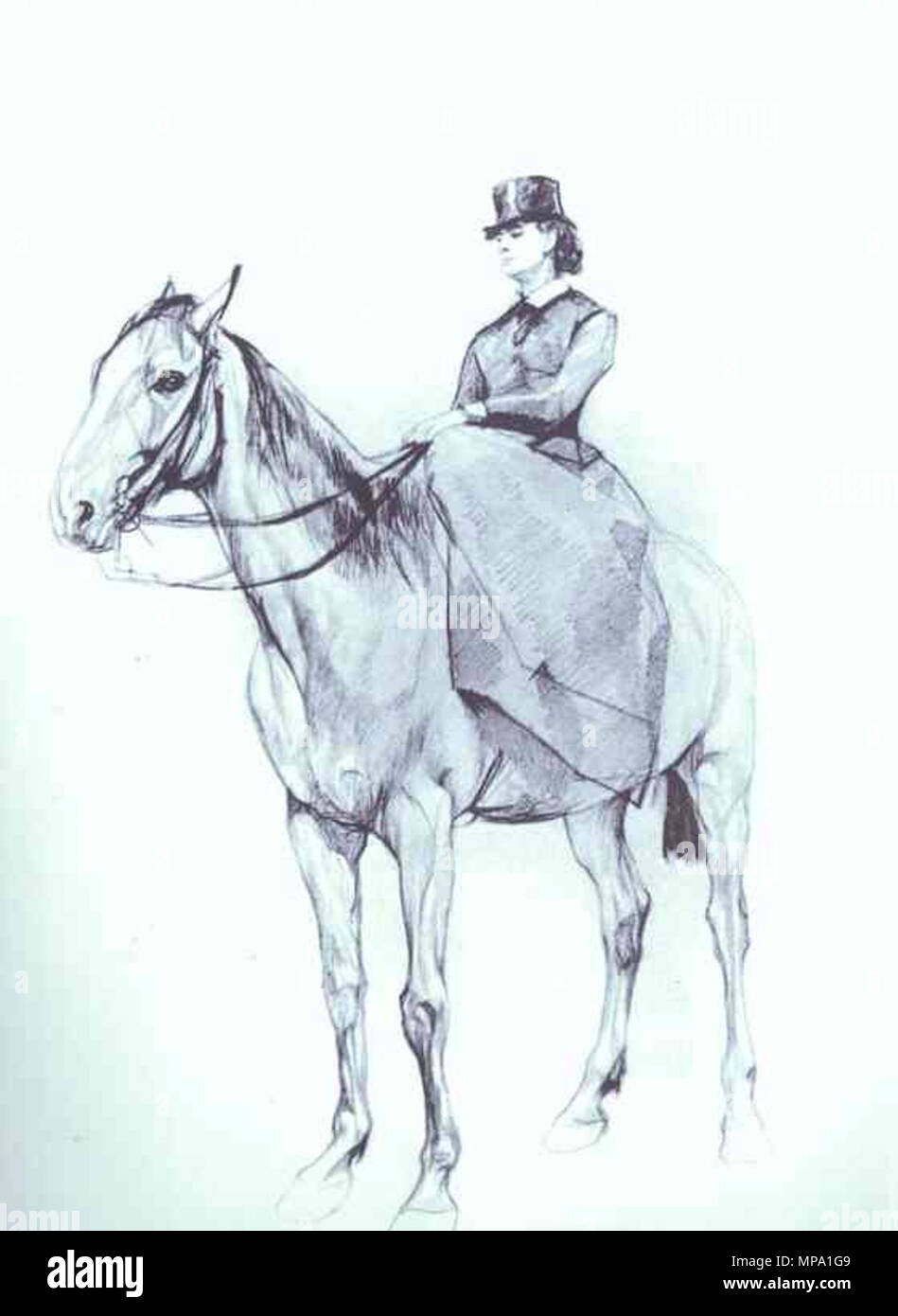 . Maria Mamontova Riding a Horse. 1884. Pencil on paper mounted on cardboard. Private collection. .   Valentin Serov  (1865–1911)     Alternative names Russian: Валентин Александрович Серов  Description Russian painter  Date of birth/death 19 January 1865 (7 January 1865 in Julian calendar) 22 November 1911 (5 December 1911 in Julian calendar)  Location of birth/death Saint Petersburg Moscow  Work location Netherlands (1885); Belgium (1885); Germany (1855); Italy (1887); Paris (1889); Italy (1904); Greece (1907); Italy (1910); Paris (1910); Munich (1872 - 1873); Paris (1874 - 1875); Moscow (18 Stock Photo