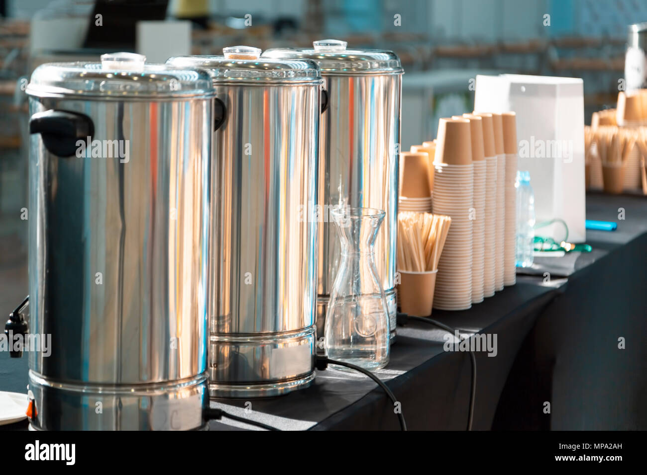 silver coffee maker, cups and ingredients Horizontal Stock Photo Alamy