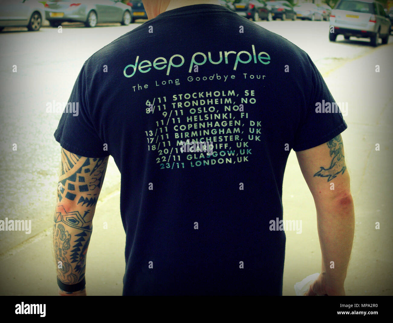 deep purple the long goodbye tour t shirt with fan tattoos viewed from behind Stock Photo