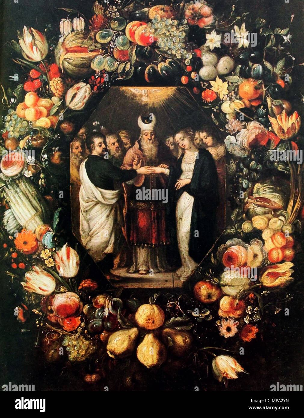 The Marriage of the Virgin in a garland of flowers and fruit  1620s.   864 Francken Marriage of the Virgin Stock Photo
