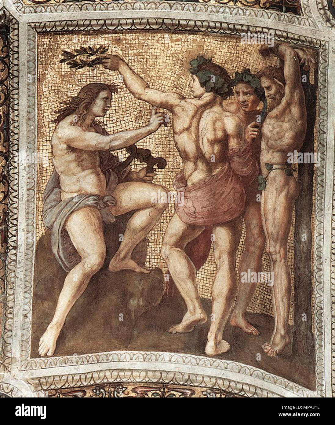 English: Apollo and Marsyas . (ceiling panel) . between 1509 and 1511.   864 Marsyas in chains Stock Photo