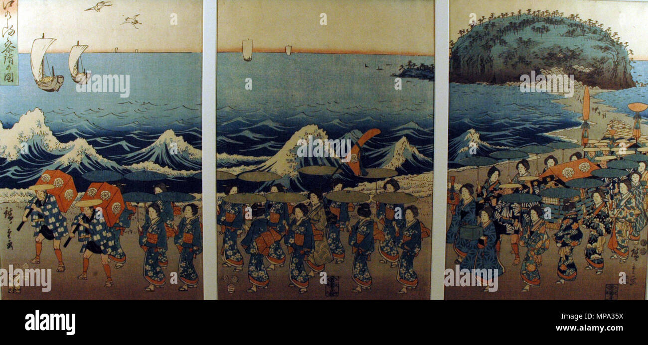 . English: Accession Number: 1970.2.1.-3 Display Artist: Utagawa Hiroshige Display Title: Pilgrimage to Enoshima Translation(s): Enoshima sankei no zu Creation Date: 1853 Medium: Woodblock Height: 14 3/4 in. Width: 30 1/4 in. Display Dimensions: 14 3/4 in. x 30 1/4 in. (37.47 cm x 76.84 cm) Publisher: Wakasaya Yoichi Credit Line: Gift of Mrs. Don Findlay Collection: <a href='http://www.sdmart.org/art/our-collection/asian-art' rel='nofollow'>The San Diego Museum of Art</a> . 19 December 2007, 14:24:15. English: thesandiegomuseumofartcollection 998 Pilgrimage to Enoshima (5765901790) Stock Photo