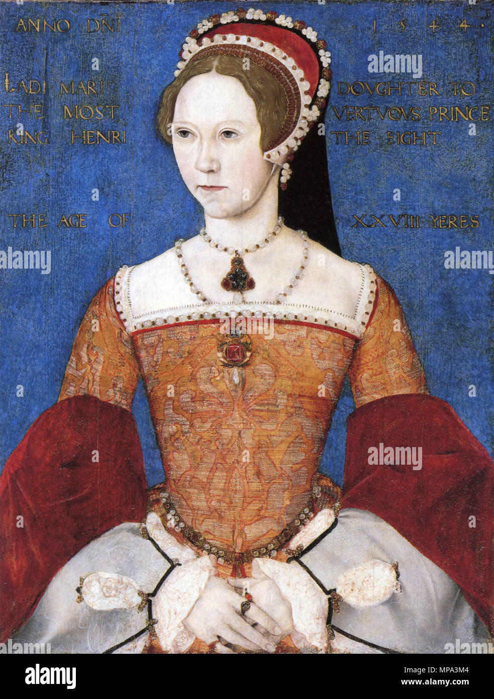 Portrait of Mary I (1516-1558) .      This PNG image has a thumbnail version at File: Mary I by Master John.jpg. Generally, the thumbnail version should be used when displaying the file from Commons, in order to reduce the file size of thumbnail images. Any edits to the image should be based on this PNG version in order to prevent generational loss, and both versions should be updated. See here for more information. Deutsch | English | suomi | français | македонски | മലയാളം | português | русский | +/−   . 1544.   867 Mary I by Master John Stock Photo