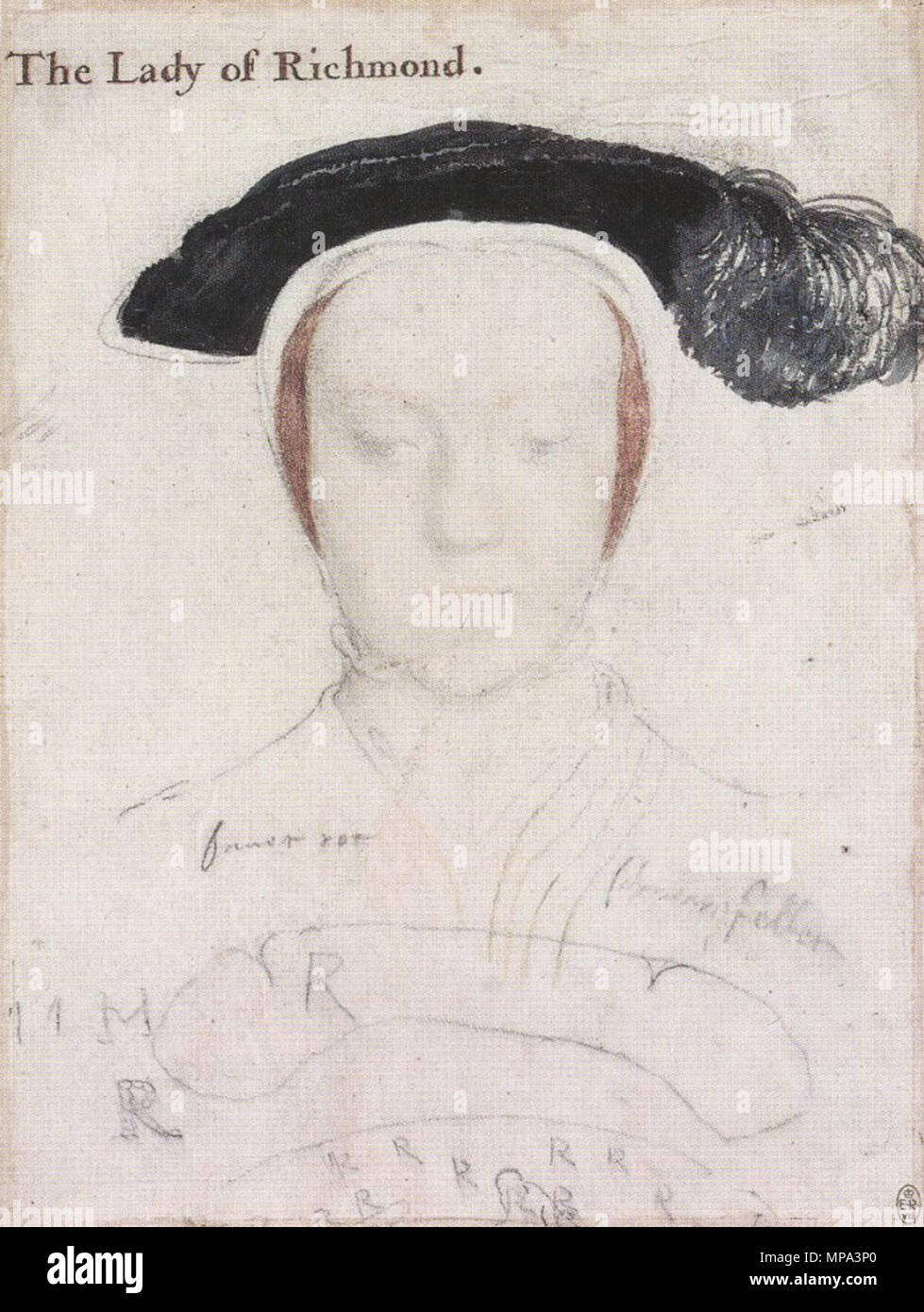 . English: Portrait study of Mary, Duchess of Richmond and Somerset. Black and coloured chalks, ink with brush on pink-primed paper, 26.7 × 20.1 cm, Royal Collection, Windsor Castle. Mary FitzRoy, Duchess of Richmond and Somerset (1519–1557), was a daughter of Thomas Howard, 3rd Duke of Norfolk, and a sister of Henry Howard, Earl of Surrey, both of whose portraits Holbein painted. In 1533, she married Henry VIII's illegitimate son Henry FitzRoy, 1st Duke of Richmond and Somerset, who died in 1536. This drawing is a raw example of Holbein's preliminary notation style for an oil portrait; it inc Stock Photo