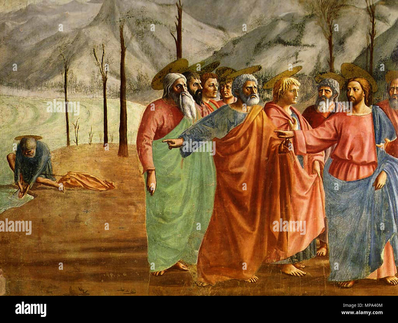 The tribute . The Tribute Money by Masaccio (left half)     868 Masaccio chapelle Brancacci Stock Photo