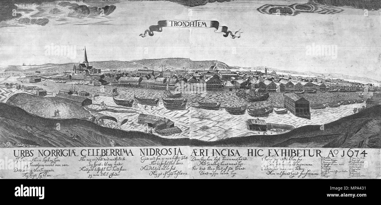 English: a prospect of the Norwegian city Trondheim, seen from the East, in  1674. This verson of the picture has encircled the oldest known 'seteritak'  (special kind of roof) in Norway