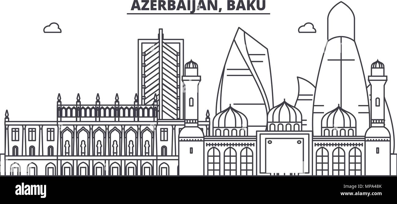 Azerbaijan, Baku line skyline vector illustration. Azerbaijan, Baku linear cityscape with famous landmarks, city sights, vector landscape.  Stock Vector