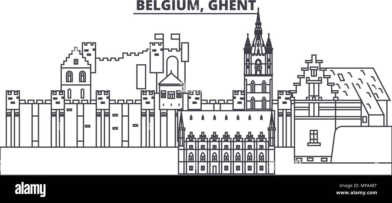 Belgium, Ghent line skyline vector illustration. Belgium, Ghent linear cityscape with famous landmarks, city sights, vector landscape.  Stock Vector