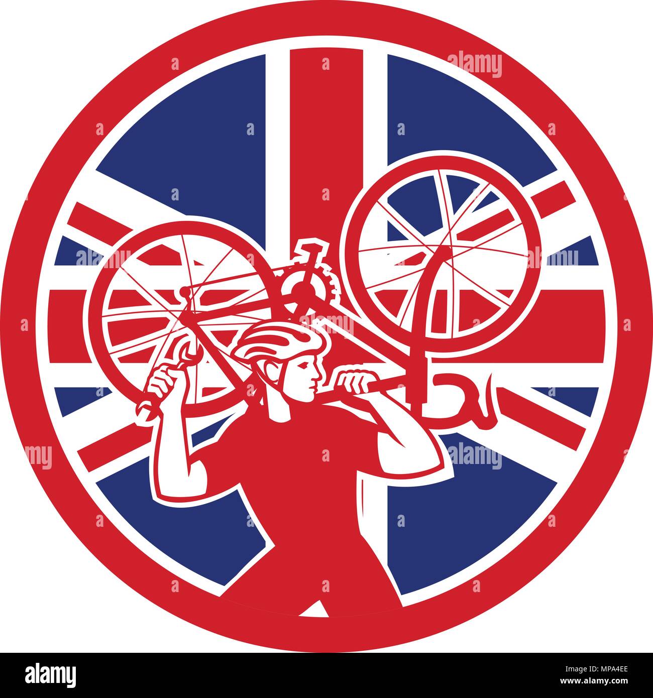 Icon retro style illustration of a British bike mechanic lifting road bicycle   with United Kingdom UK, Great Britain Union Jack flag set inside circl Stock Vector