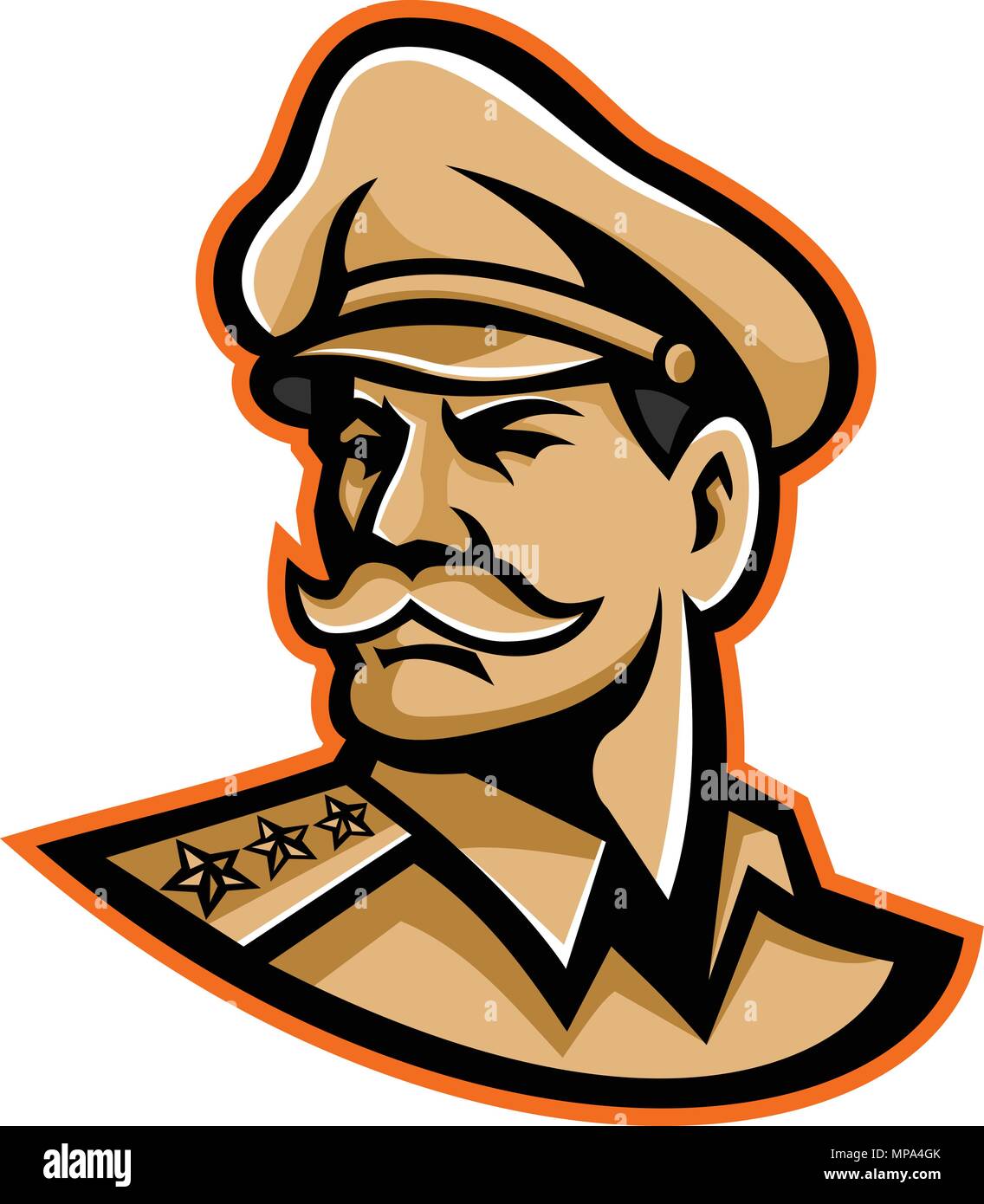 Mascot icon illustration of head of an American three-star general wearing a peaked cap looking forward viewed from side on isolated background in ret Stock Vector