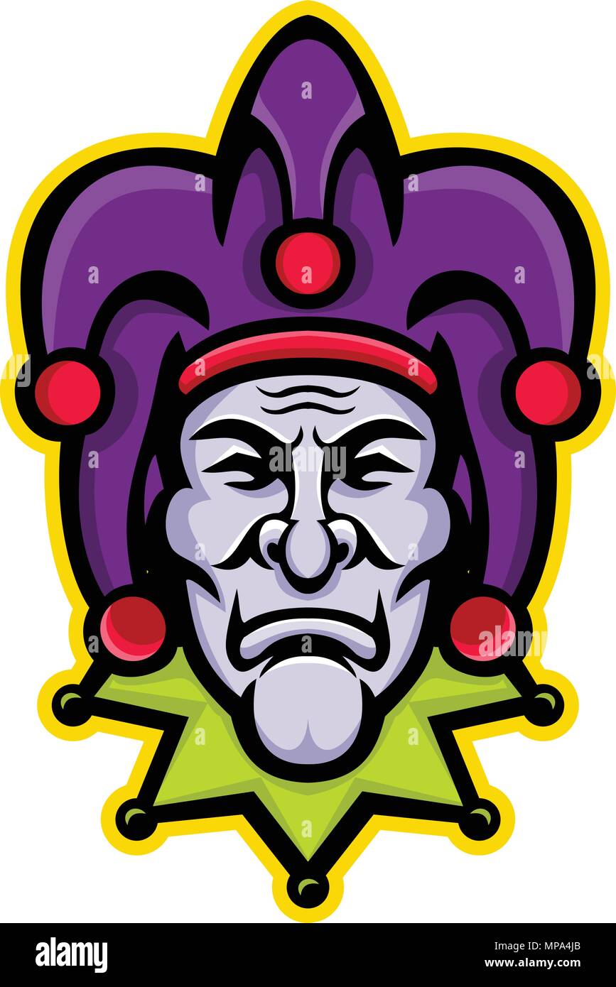 Mascot icon illustration of head of a jester, court jester, or fool, historically an entertainer during the medieval and Renaissance eras viewed from  Stock Vector