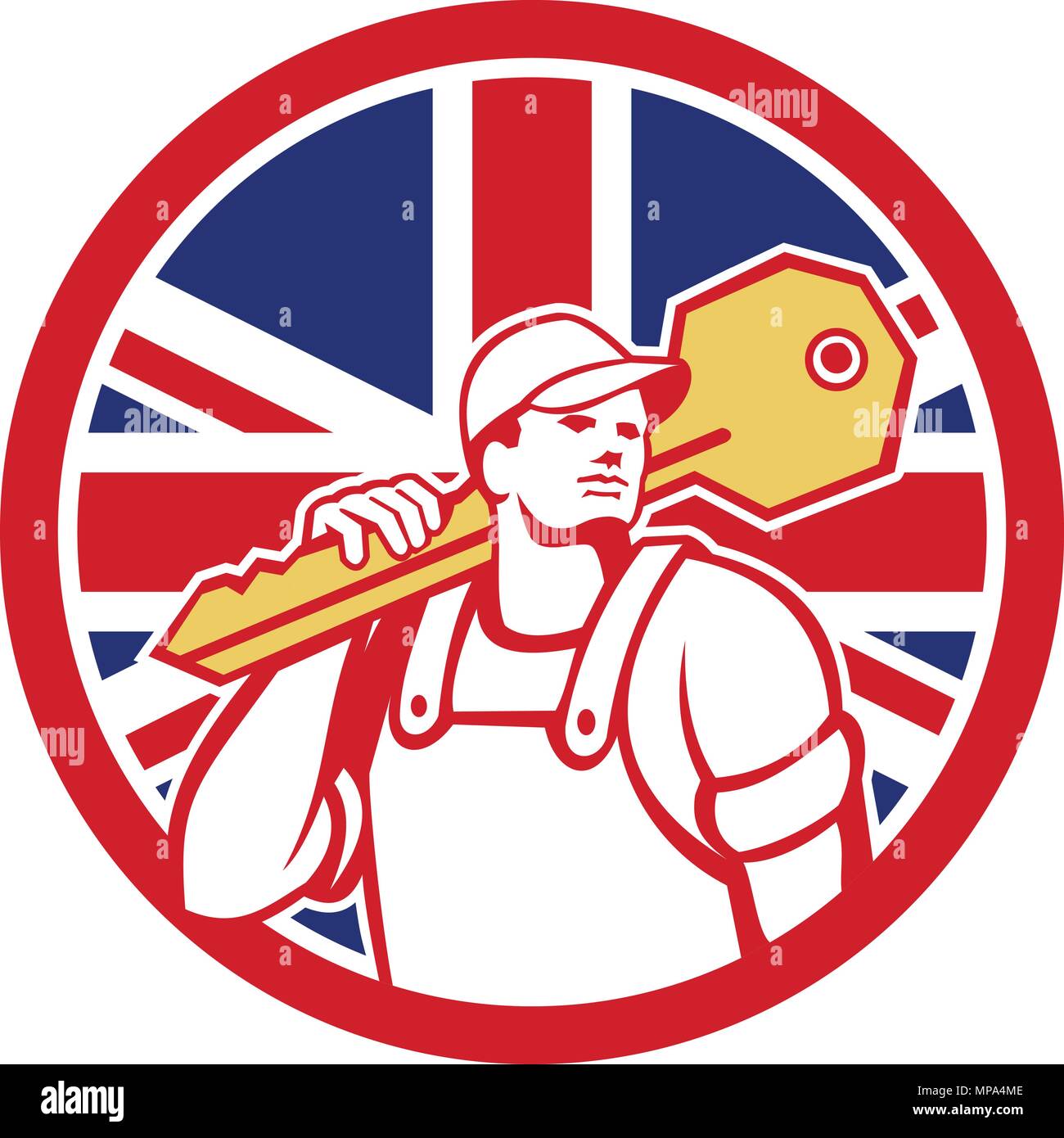 Icon retro style illustration of a British locksmith or key cutter carrying a giant key with United Kingdom UK, Great Britain Union Jack flag set insi Stock Vector