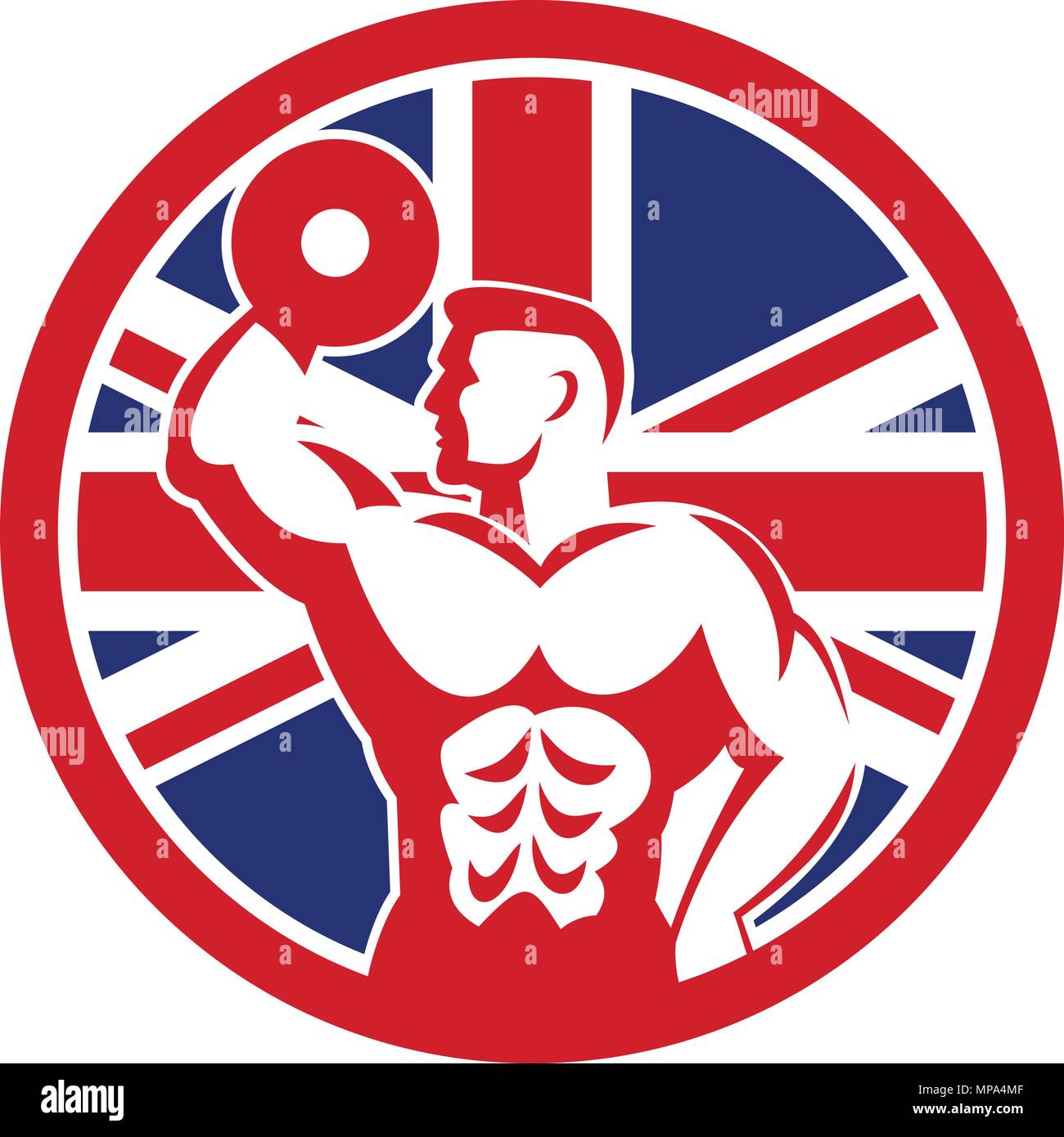 Icon retro style illustration of a British fitness gym showing a bodybuilder with dumbbell with United Kingdom UK, Great Britain Union Jack flag set i Stock Vector