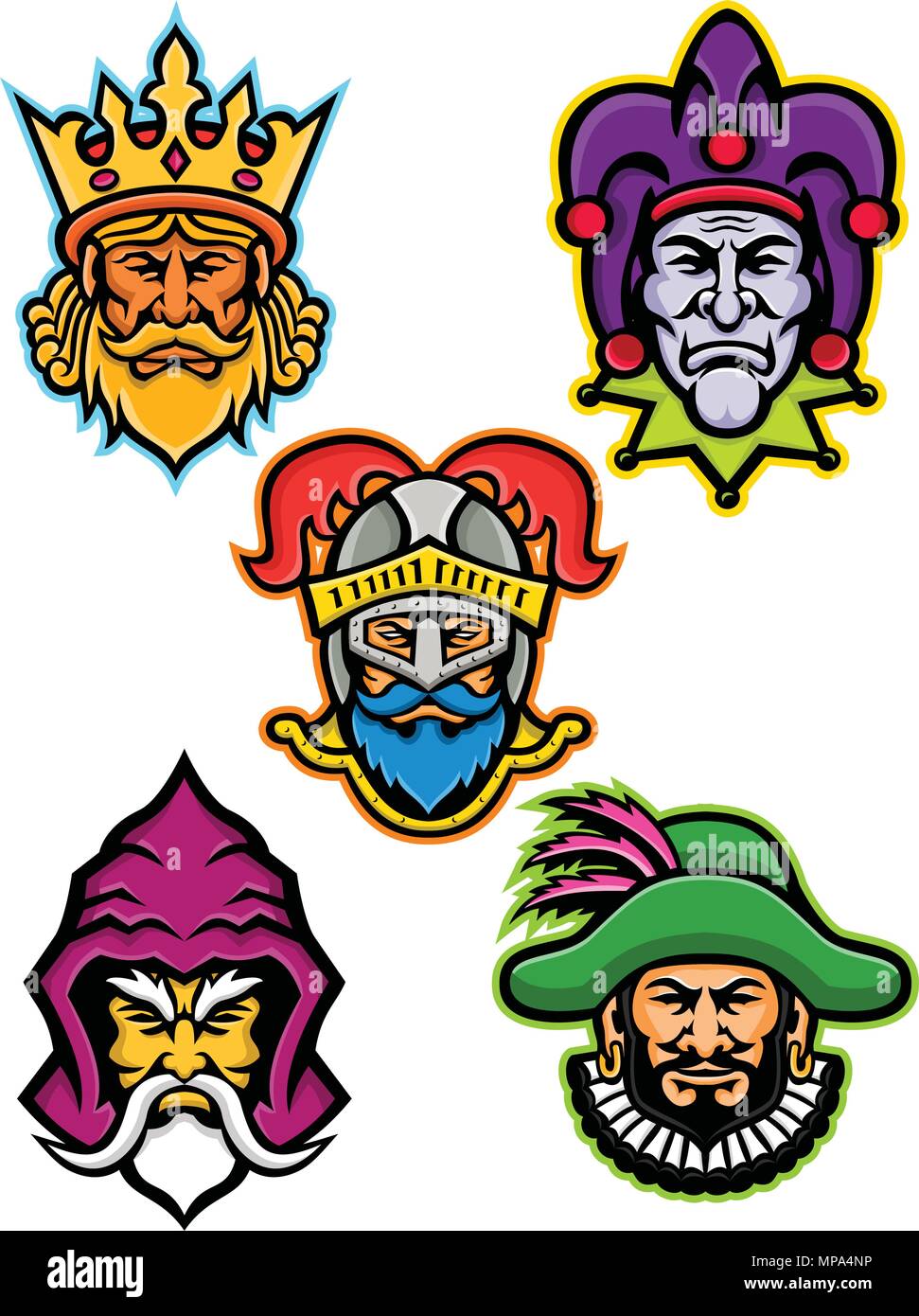 Mascot icon illustration set of heads of the European medieval royal court figures like the king or monarch, court jester or fool, knight, wizard or s Stock Vector