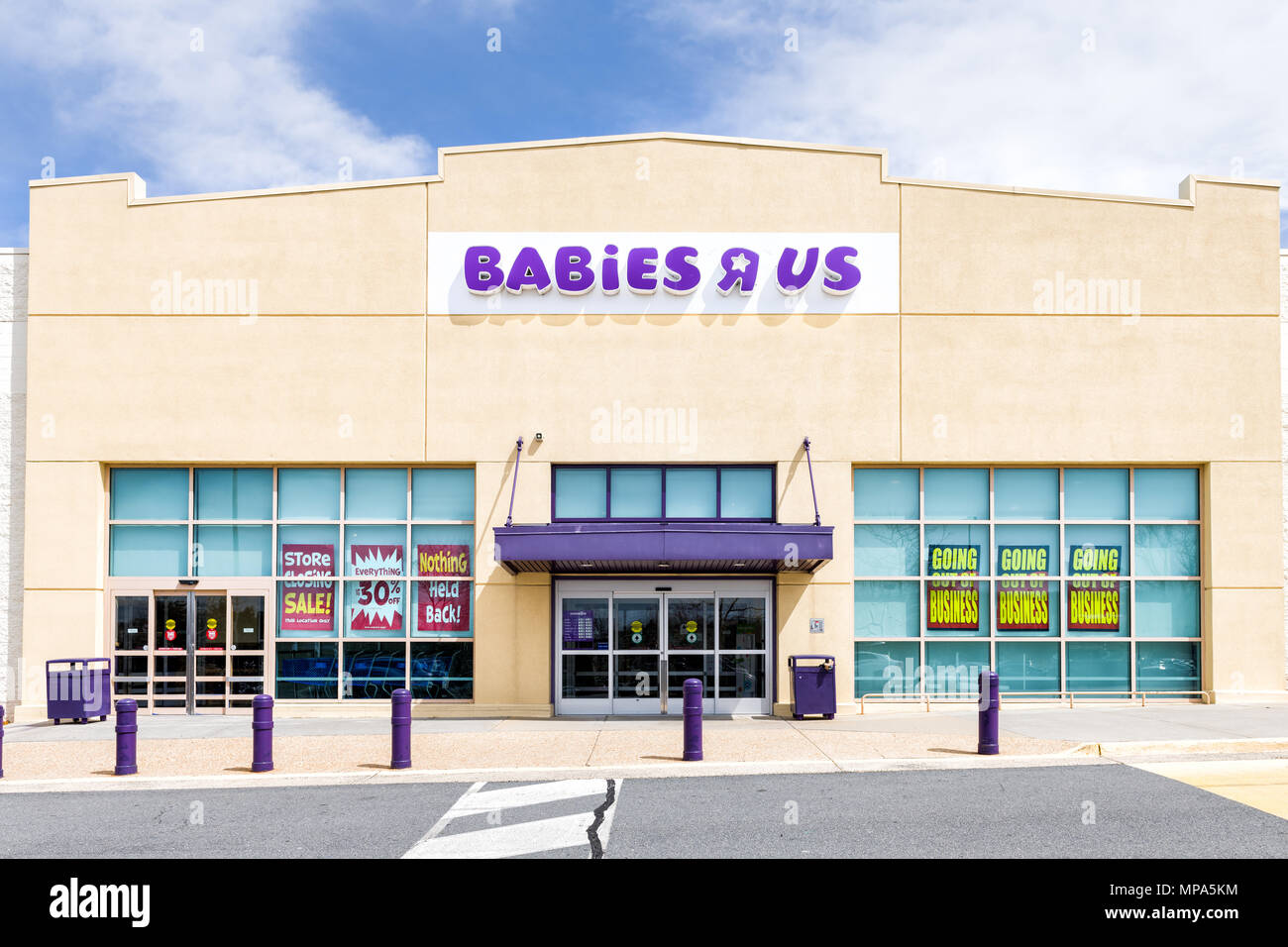 Sterling, USA - April 4, 2018: Babies R US store in Fairfax County, Virginia for children shop exterior entrance with sign, logo, doors, closing going Stock Photo