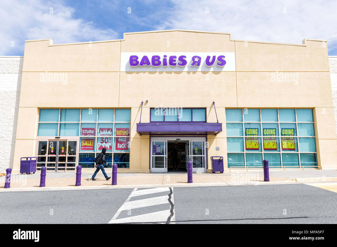 Sterling, USA - April 4, 2018: Babies R US store in Fairfax County, Virginia for children shop exterior entrance with sign, logo, doors, closing going Stock Photo