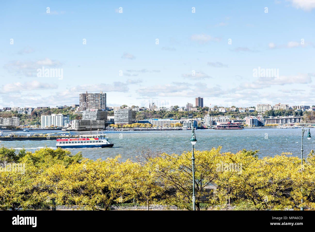 New York City, USA - October 30, 2017: View of Hudson River from highline, high line, urban in NYC with 12th avenue below, in Chelsea West Side by Hud Stock Photo