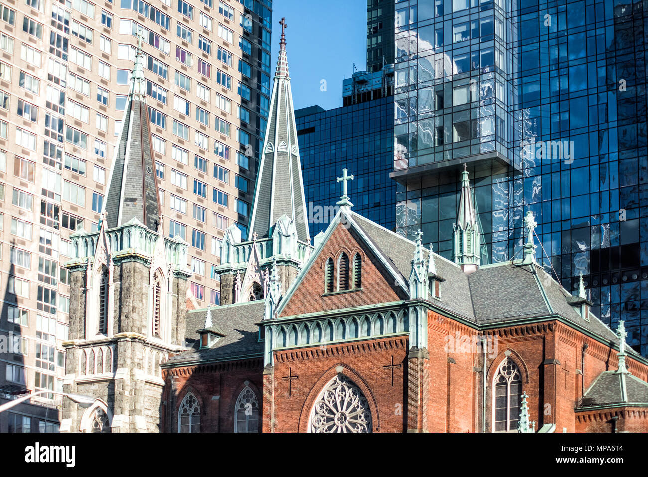 New York City, USA - October 30, 2017: Isolated old brick stone church in NYC Manhattan lower financial district downtown, midtown Chelsea westside wi Stock Photo