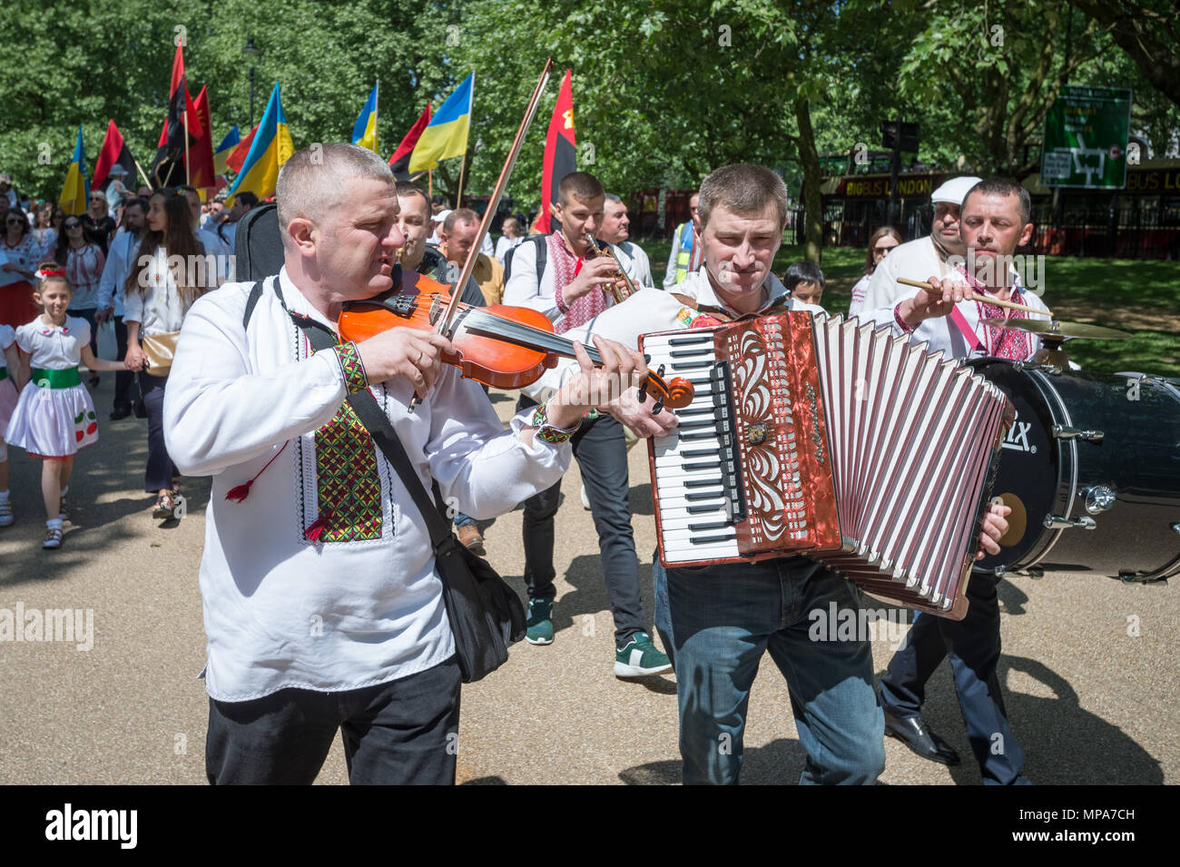 Annual Vyshyvanka March. Hundreds of British Ukrainians rally and march dressed in traditional national embroidered dress. Stock Photo