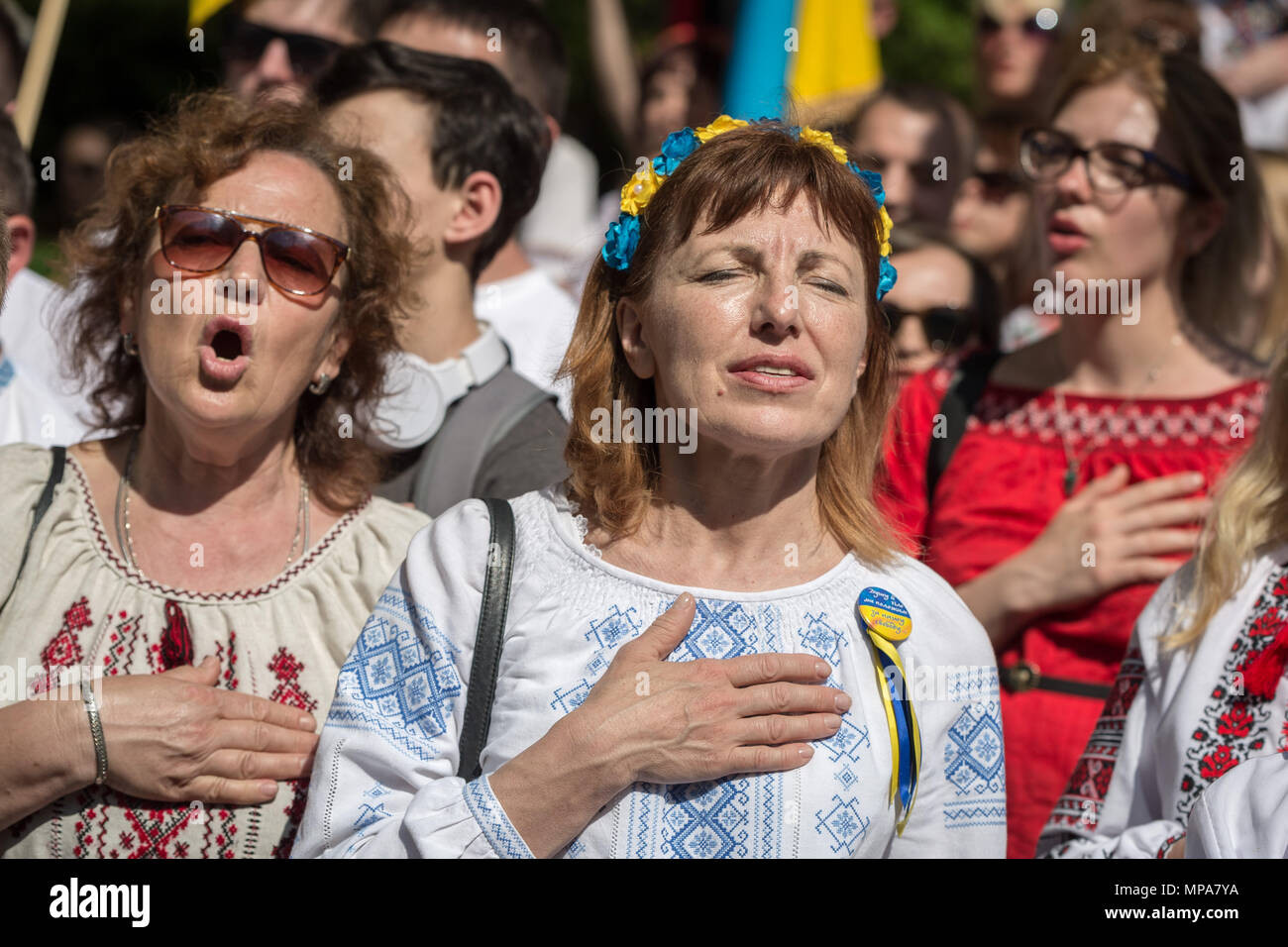 Annual Vyshyvanka March. Hundreds of British Ukrainians rally and march dressed in traditional national embroidered dress. Stock Photo