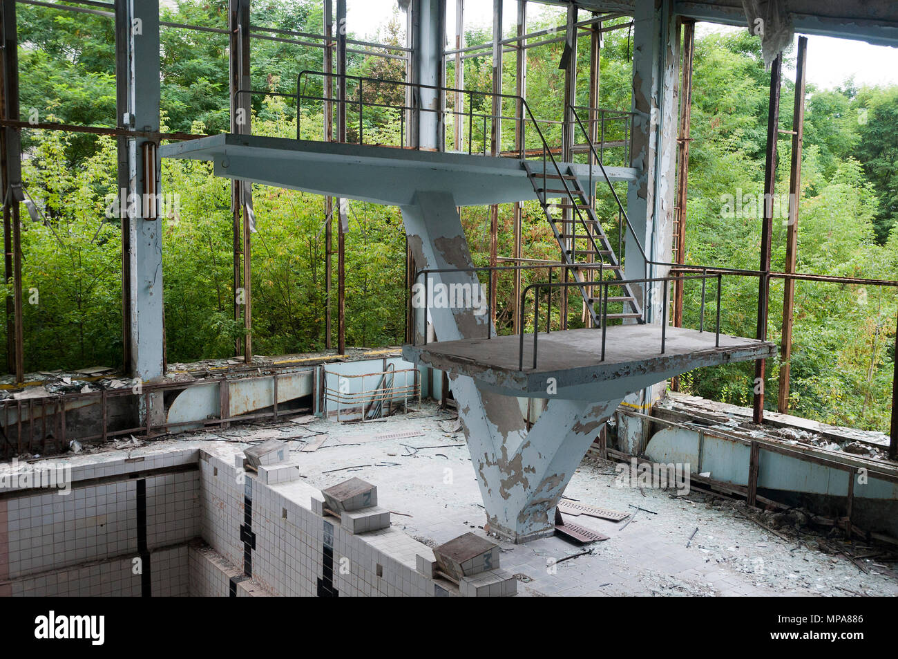 Pripyat swimming pool diving board after the Chernobyl disaster Stock