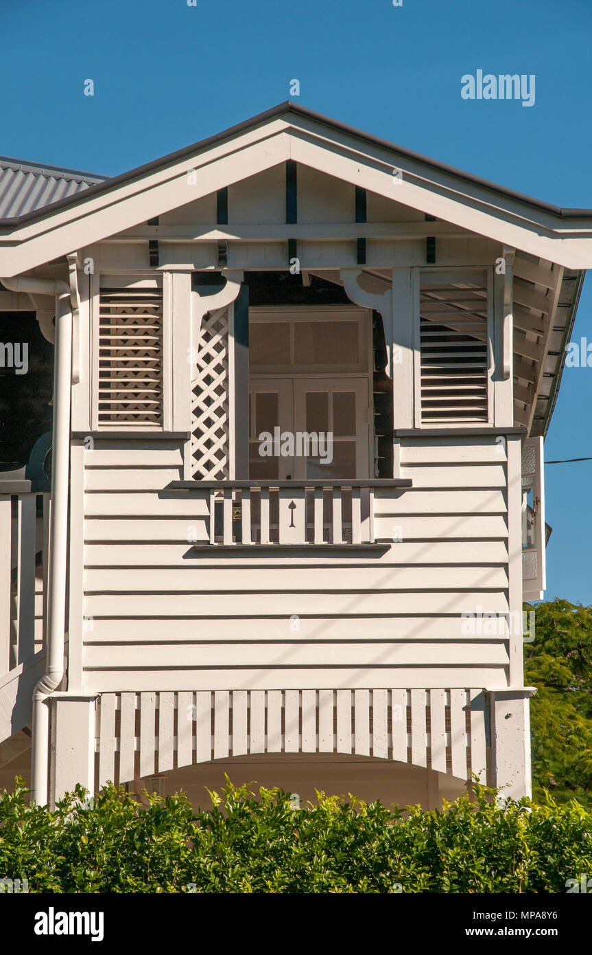 Queenslander-style timber homes ca. 1913, typically featuring Art Nouveau decorative motifs, Brisbane, Australia Stock Photo
