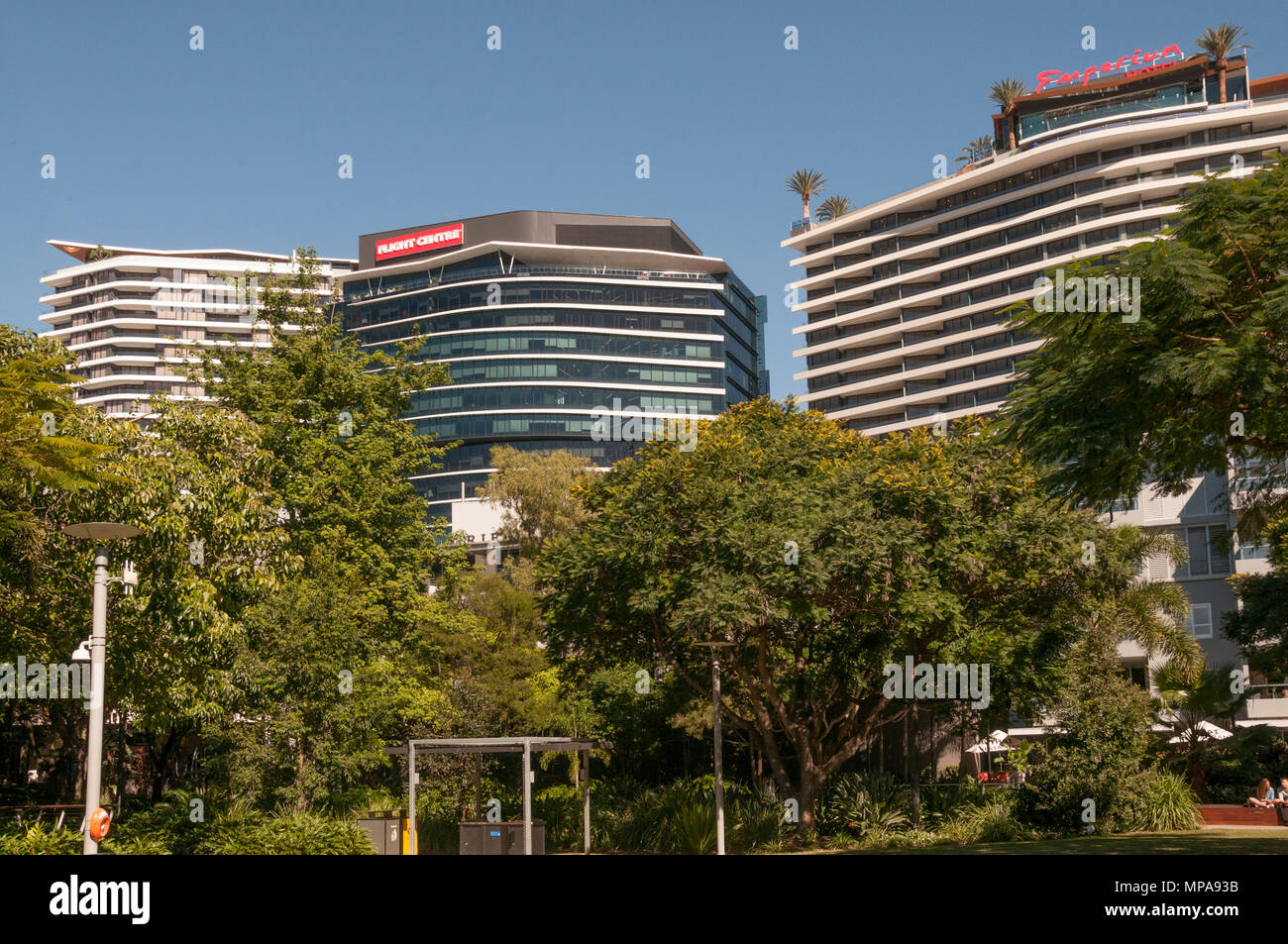 Corporate offices in South Brisbane, including the headquarters of Flight Centre Travel Group, behind South Bank, Queensland, Australia Stock Photo