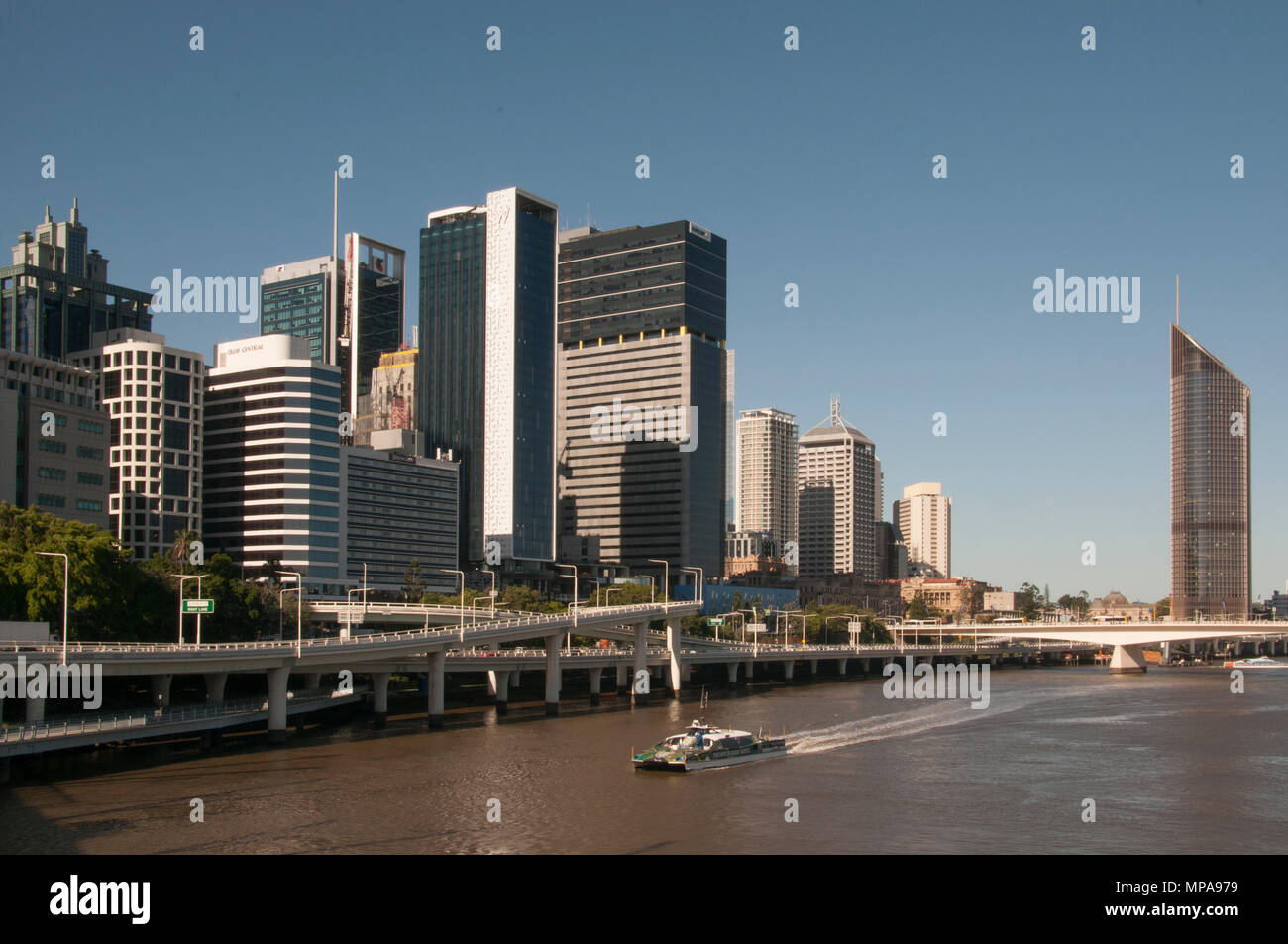 CBD office towers loom above the Riverside Expressway, Brisbane, Queensland, Australia Stock Photo