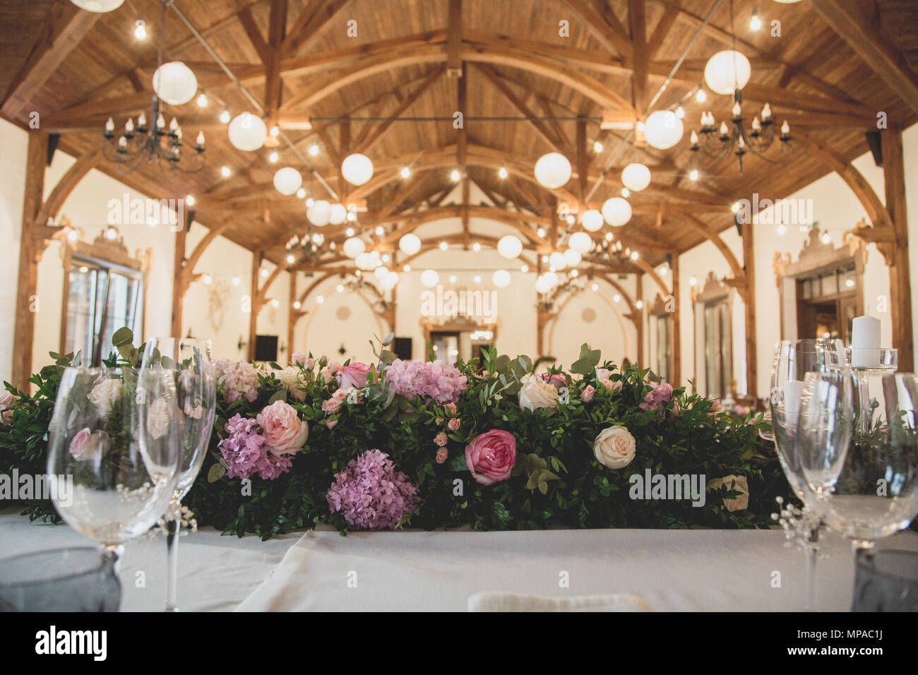 Wedding table for guests before ceremony Stock Photo