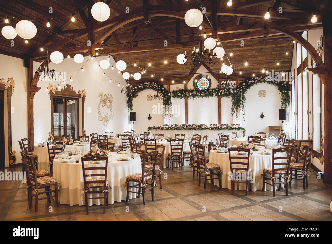 Wedding table for guests before ceremony Stock Photo