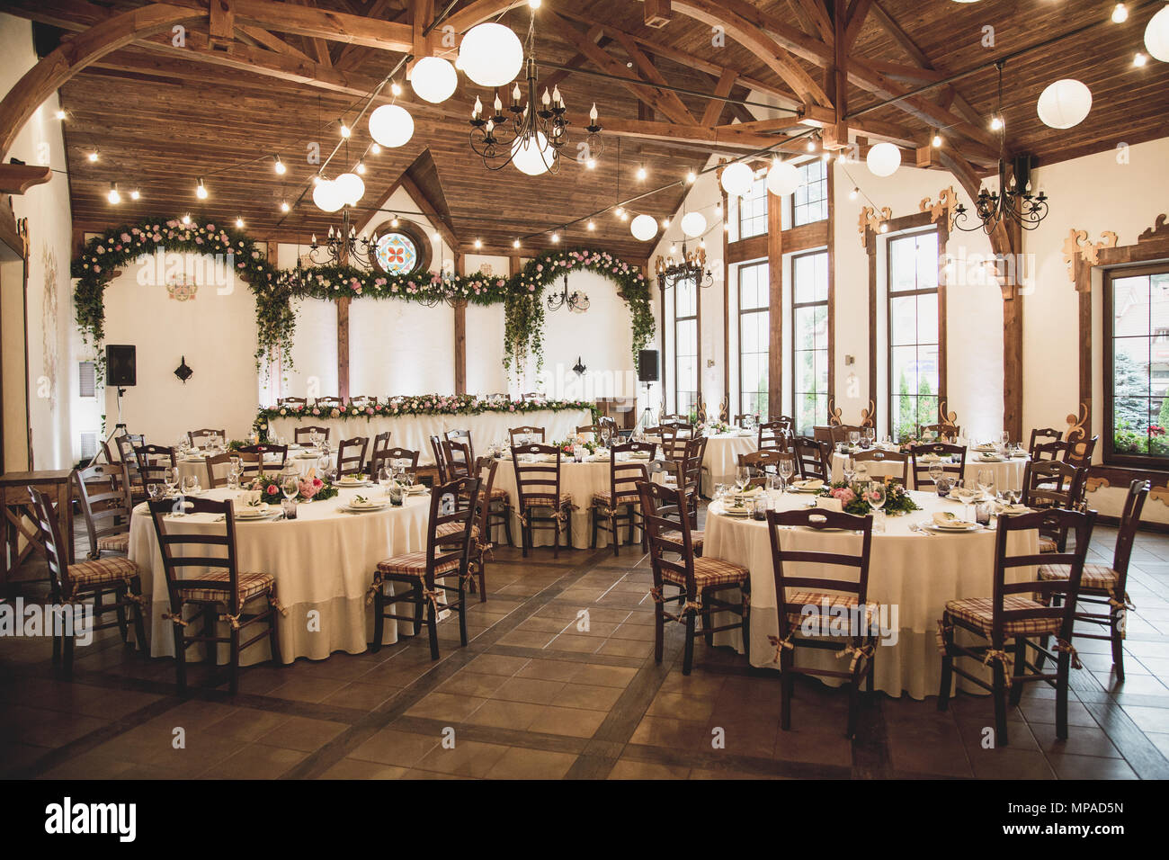 Wedding table for guests before ceremony Stock Photo