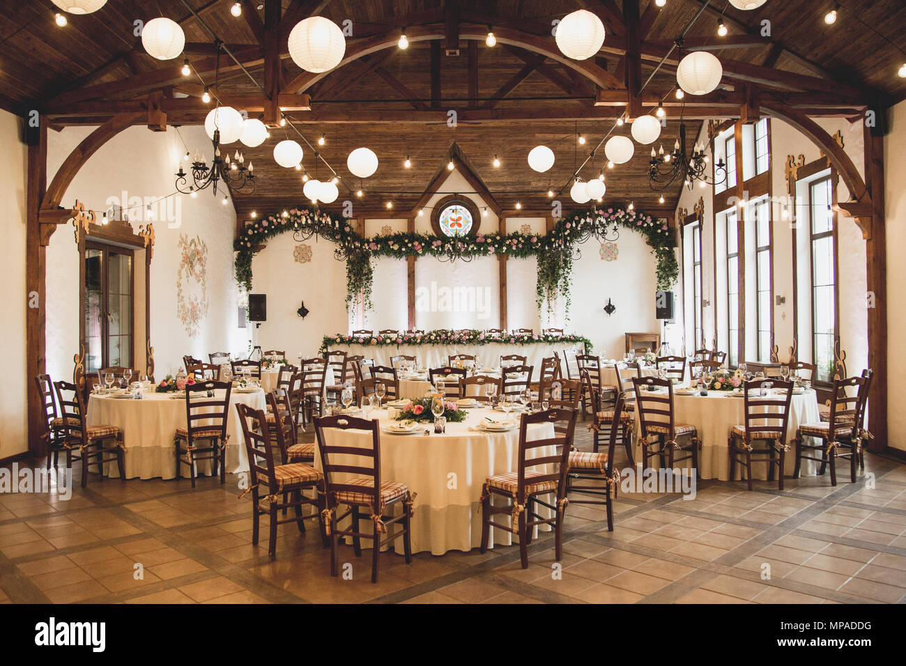 Wedding table for guests before ceremony Stock Photo