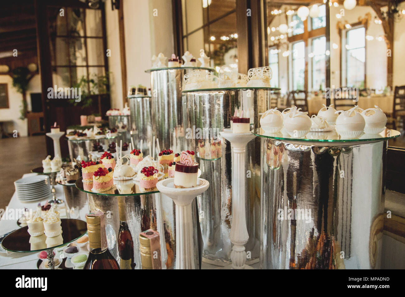 Delicious Wedding Reception Candy Bar Dessert Table Stock Photo