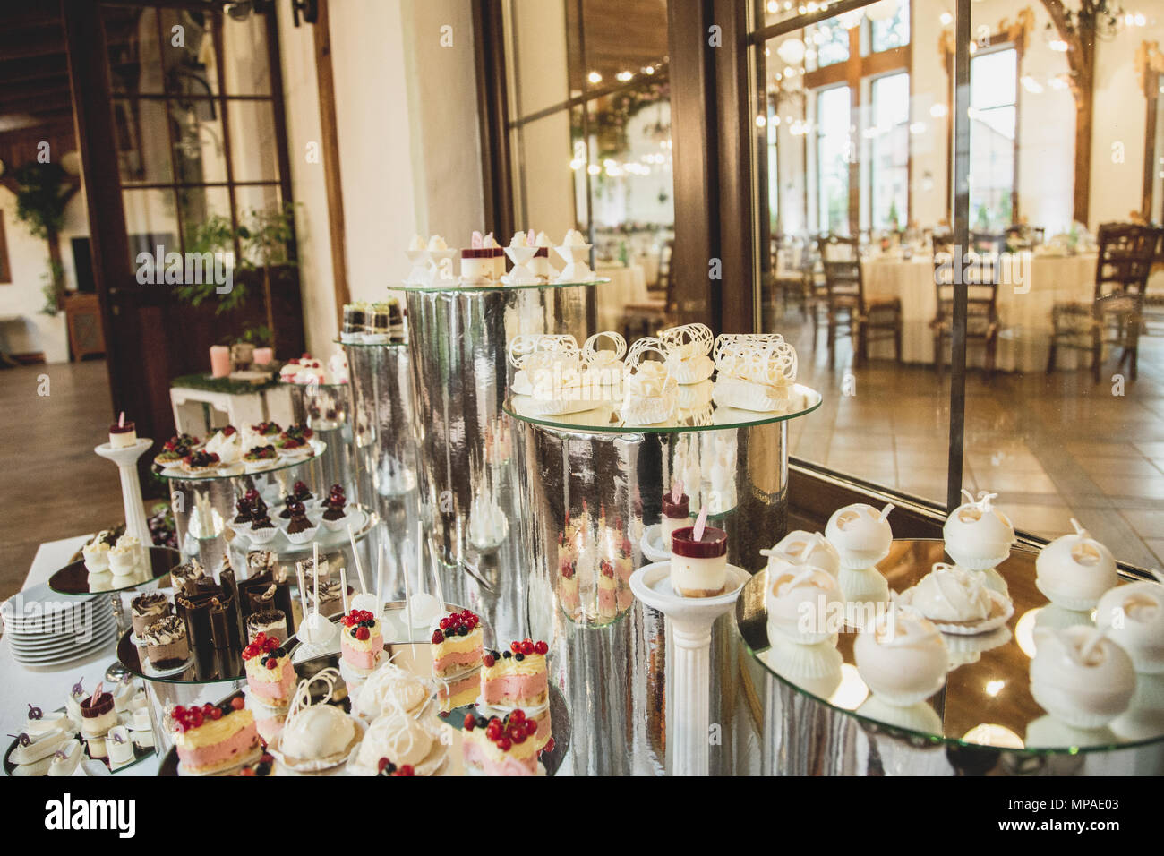 Delicious Wedding Reception Candy Bar Dessert Table Stock Photo
