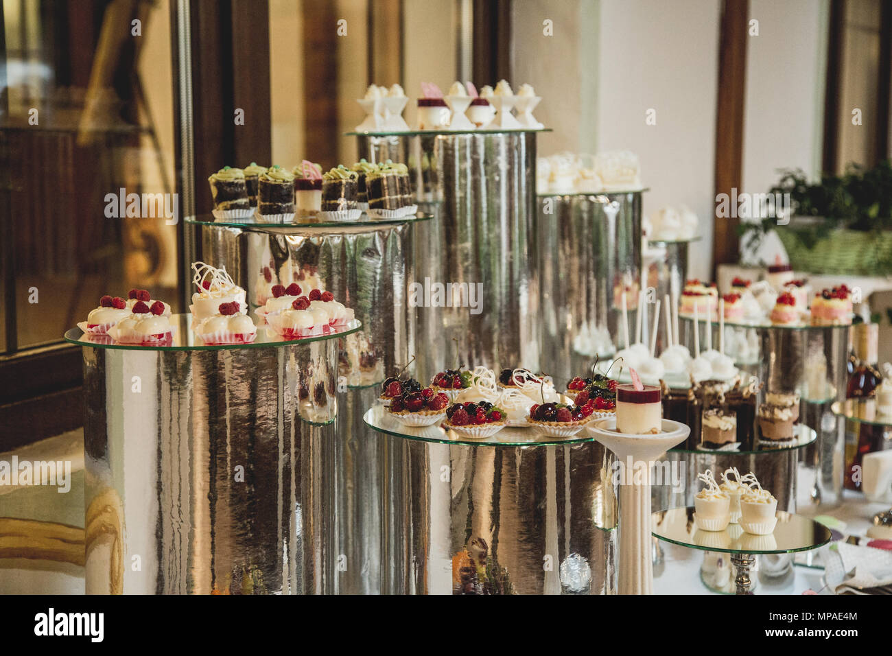Delicious Wedding Reception Candy Bar Dessert Table Stock Photo