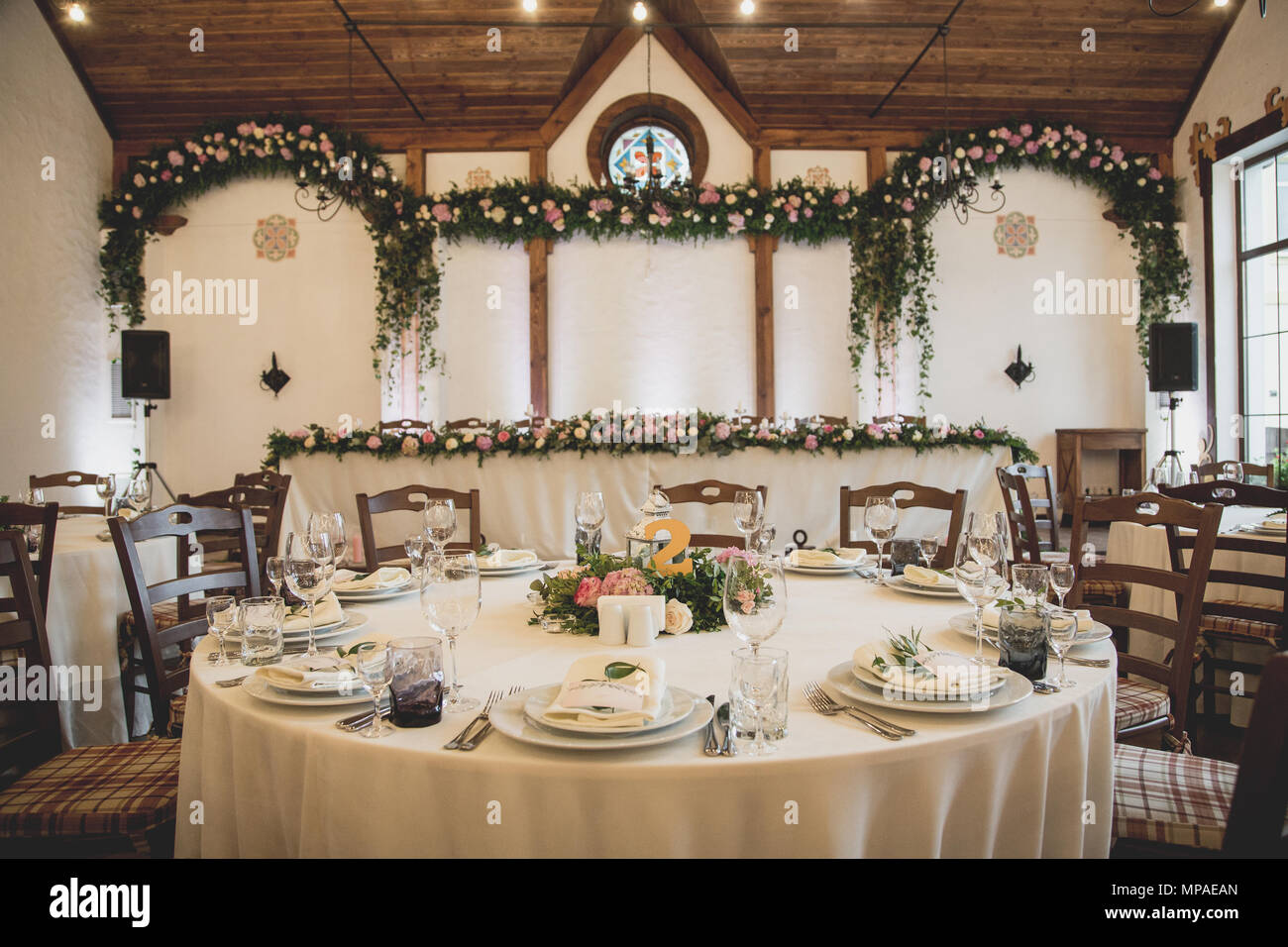 Wedding table for guests before ceremony Stock Photo