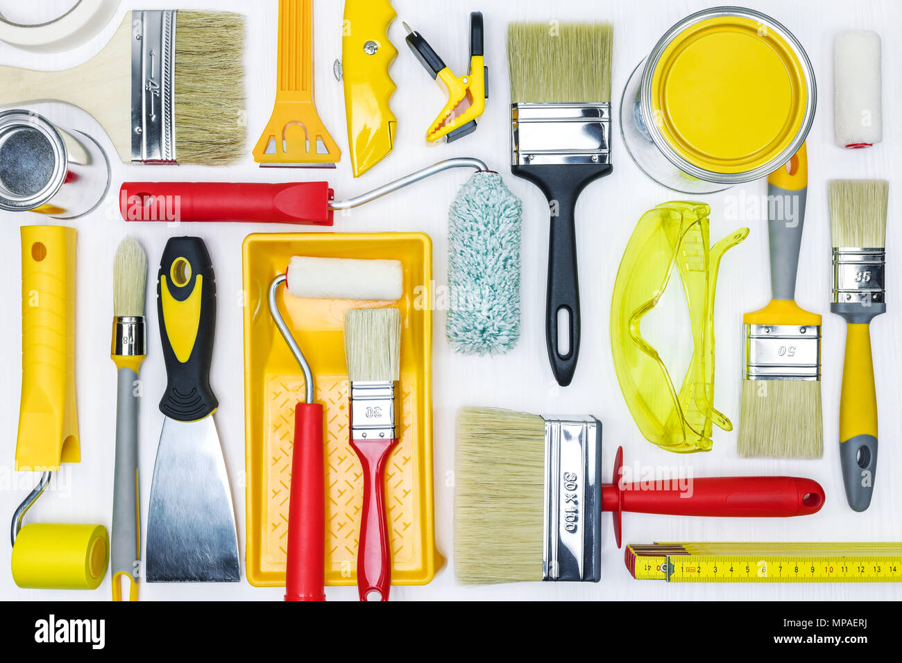 paintbrushes, rollers, cans, gloves, protective glasses, putty knife