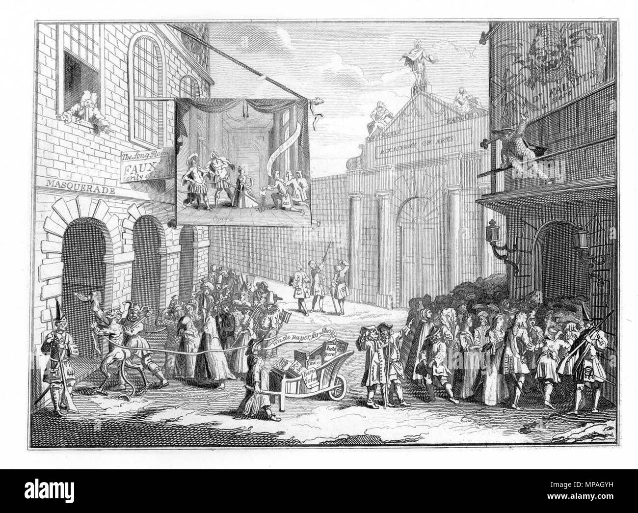 . English: Masquerades and Operas or The Bad Taste of the Town. A 1723 satire on the questionable tastes of London society by William Hogarth. The public are shown thronging to the entertainments of Heidegger, Rich and Fawkes while the great works of literature are carted of for scrap in a wheelbarrow . 1723.   William Hogarth  (1697–1764)       Description British painter and engraver  Date of birth/death 10 November 1697 25 October 1764  Location of birth/death London London  Work location London, Chiswick  Authority control  : Q171344 VIAF: 17268409 ISNI: 0000 0001 2099 3749 ULAN: 500004242 Stock Photo