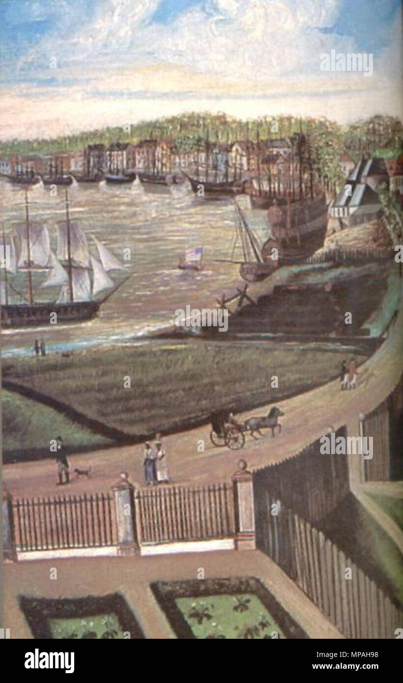. New Orleans in 1803. This is a section from the work 'Under My Wings Every Thing Prospers' by New Orleans artist J. L. Bouqueto de Woiseri, to celebrate his pleasure with the Louisiana Purchase and his expectation that economic prosperity would result under U.S. administration. This portion shows the view of the city's riverfront looking upriver from the Marigny plantation (not yet subdivided for urban development); vantage point is probably about the river end of Marigny Street is now. Seen are the Marigny sawmill canal entrance with a pile of logs at the riverfront, various sailing ships i Stock Photo