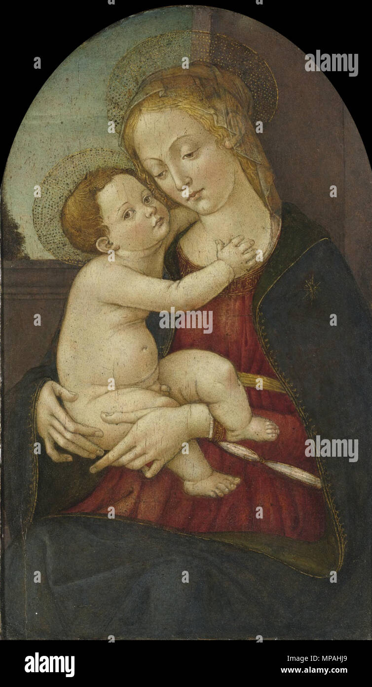 . Madonna and Child before a Window. tempera on panel, in an engaged frame, painted surface: 73.7 by 44.1 cm . circa 1500.   871 Master of the Fiesole Epiphany Madonna and Child before a Window Stock Photo