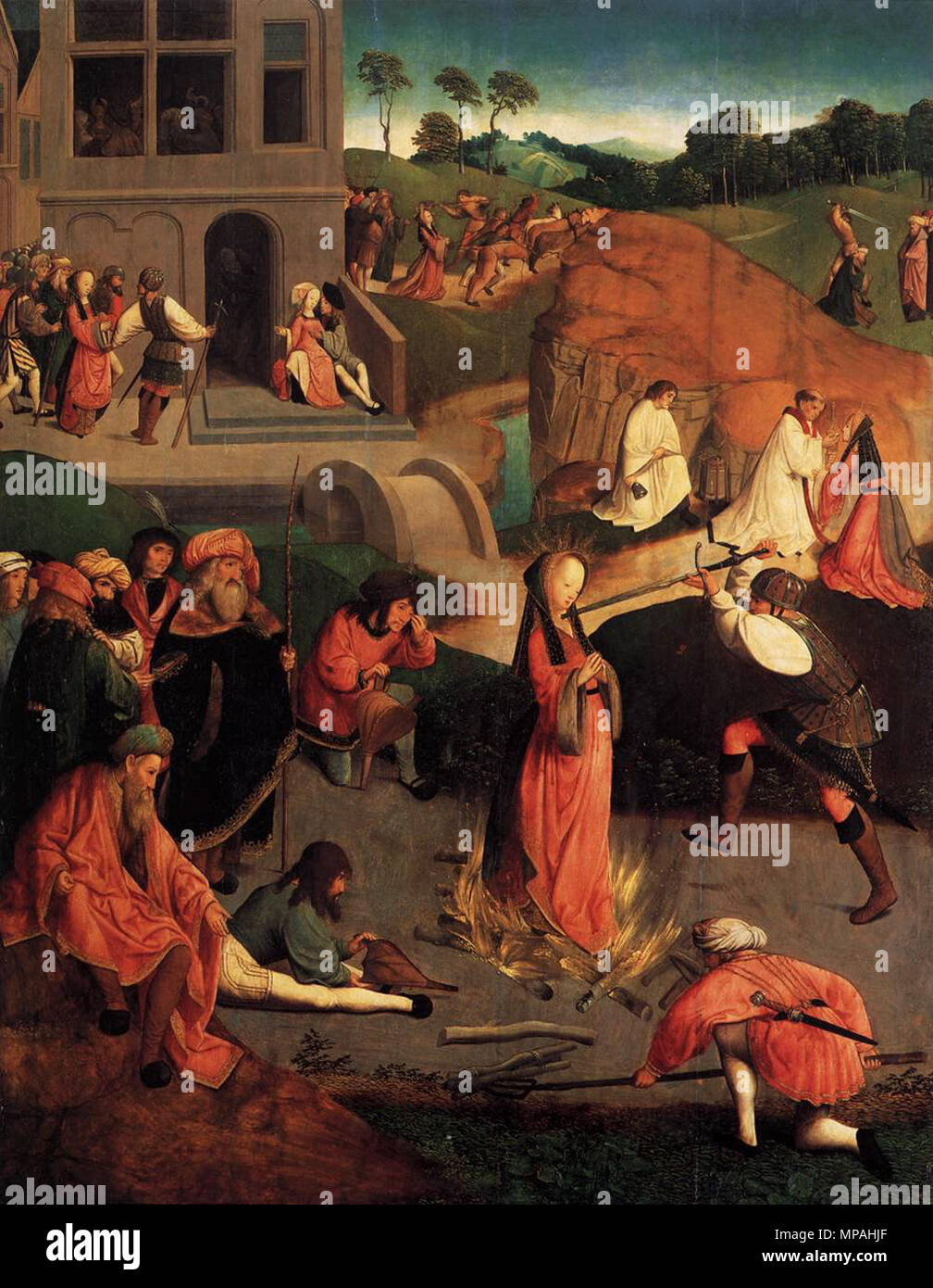 The Martyrdom of Saint Lucy . The Martyrdom of Saint Lucia. The sacred standing on a pyre is inserted through the neck by an executioner with a sword. Other executioners fanning the flames with bellows, left, look to authority figures. In the background scenes from the life of the saint. Rear left is Lucia for a brothel, on the right a couple making love, they also try one Lucia with a wing to drag oxen Lucia gets a priest last rites are allotted, the right, the governor Paschasius beheaded. The panel was originally the reverse of the Deposition, formerly in the Kaiser-Friedrich-Museum (see Fi Stock Photo