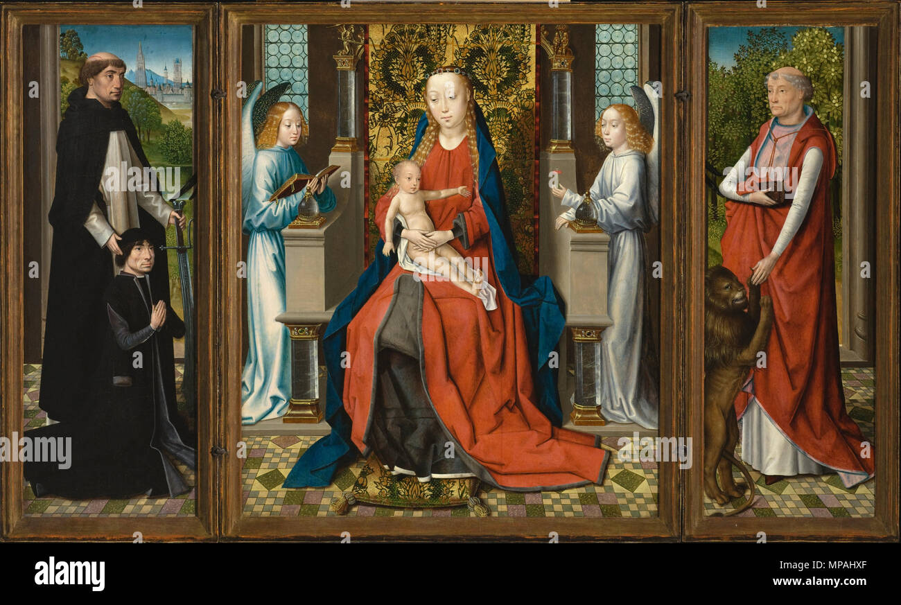 Triptych of Madonna and Child with Angels; Donor and His Patron Saint Peter Martyr; and Saint Jerome   (1475 - 1483).   872 Master of the St. Lucy Legend - Triptych of Madonna and Child with Angels; Donor and His Patron Saint Peter Martyr; and Saint Jerome - Google Art Project Stock Photo
