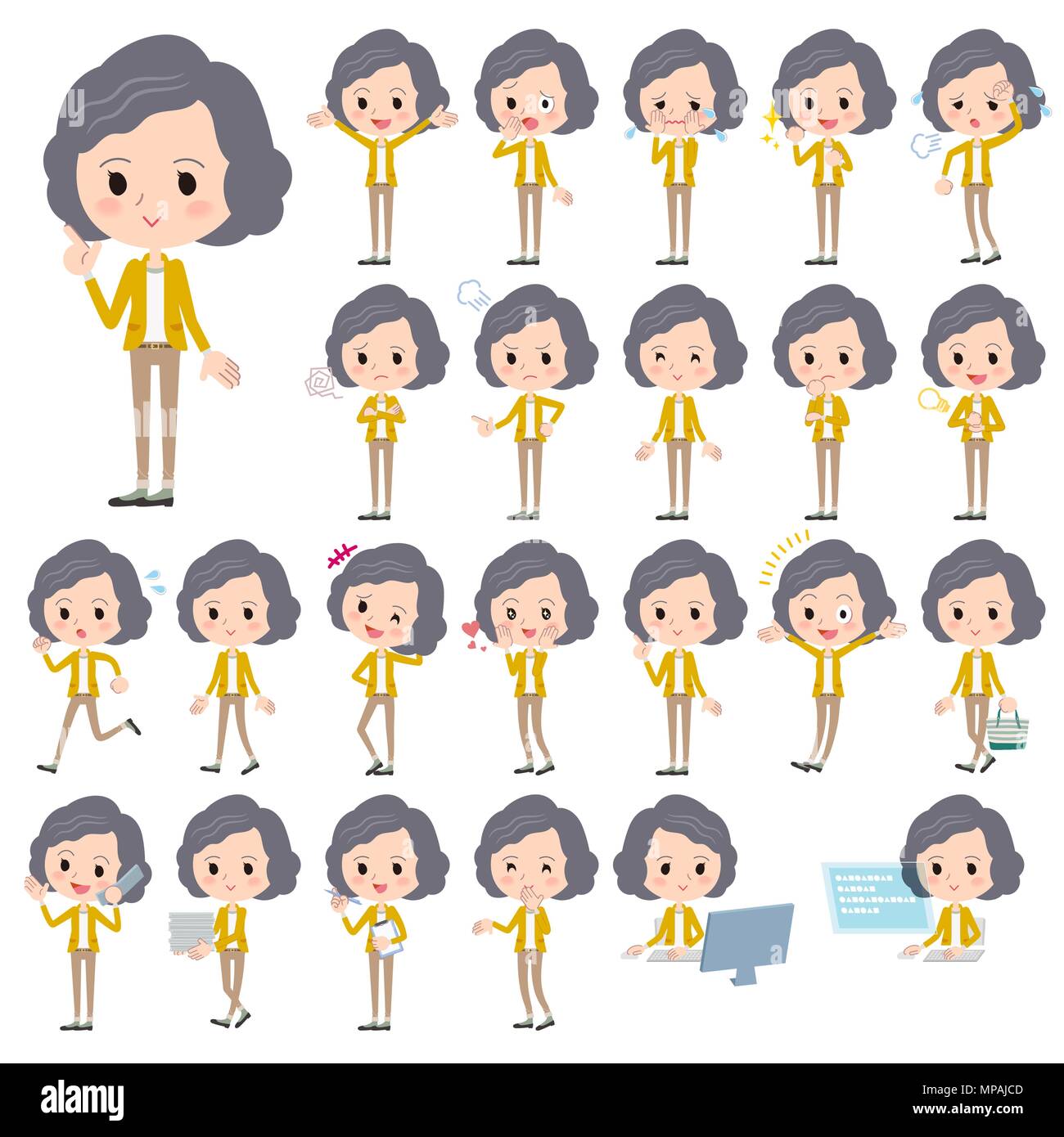 Set of various poses of Yellow jacket Middle woman Stock Vector Image ...