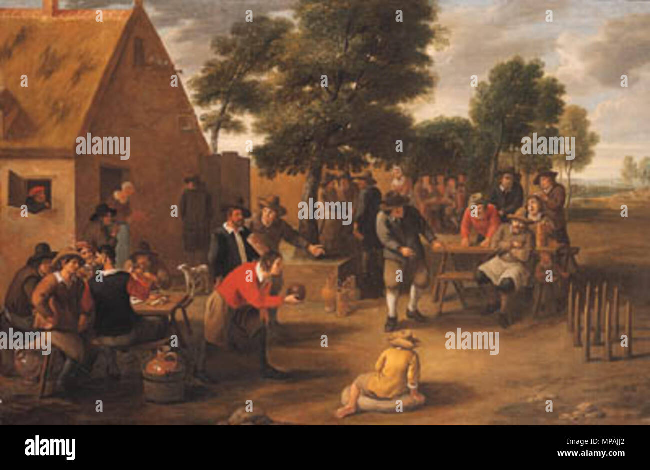 English: Boors playing Skittles and drinking outside an Inn   between 1645 and 1679.   875 Mattheus van Helmont - Boors playing Skittles and drinking outside an Inn Stock Photo