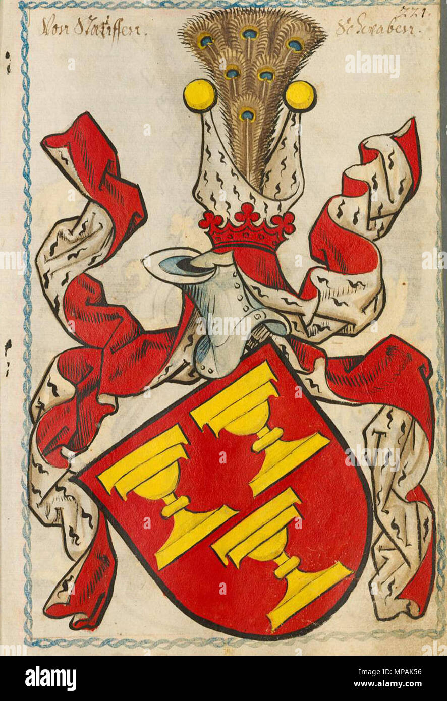 . English: The canting coat of arms of the Lords of Staufen. The ancient german word 'staufen' means mugs, chalices, goblets – used for communion). Some places the Lords of Staufen controlled also display the von Staufen coat of arms. It is currently used in Switzerland in Gemeinde Staufen[1] and Staufen, Aargau, found in Germany in the areas of Ballrechten-Dottingen and Pfaffenweiler, and was also in the former coat of arms of Wettelbrunn, Norsingen and Scherzingen. The coat of arms of the city of Staufen im Breisgau is derived from this coat of arms. Deutsch: Wappen der Herren von Staufen. D Stock Photo